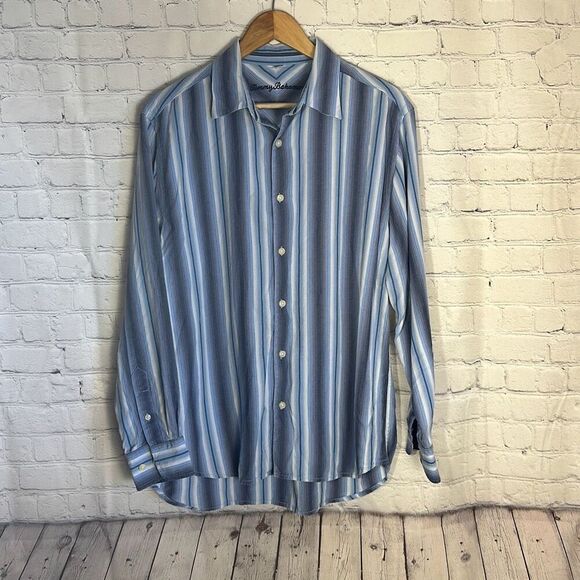 Tommy Bahama 100% Tencel Lyocell  Long Sleeve Striped Shirt M Medium Blue - Picture 1 of 10